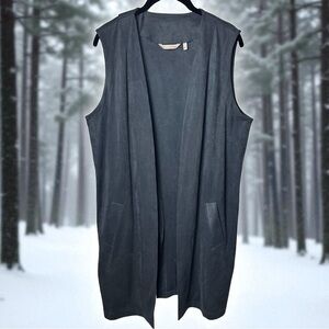 Soft‎ Surroundiings Slate Blue Maxi Vest Cardigan Faux Suede Holiday Winter L